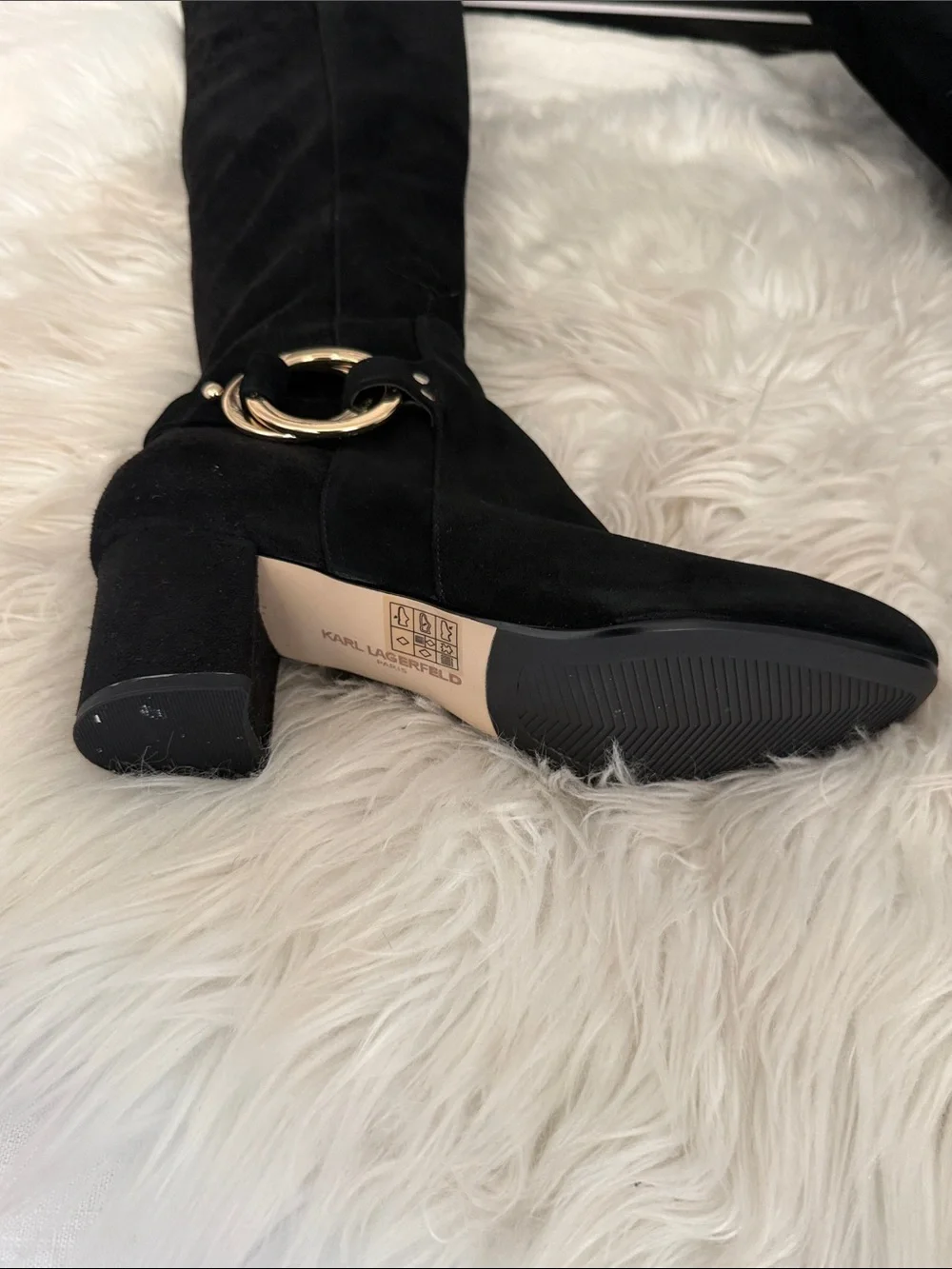 Karl Lagerfeld Black Suede Over-the-Knee Boots with Gold Ring Detail. NWOT